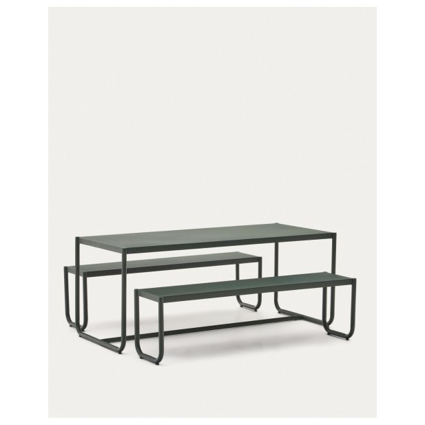 Set Sotil de 2 bancos y mesa de acero galvanizado con acabado verde 183 x 83 cm - Kave Home