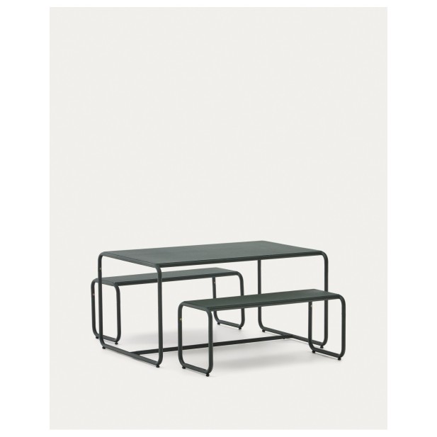 Set infantil Sotil de 2 bancos y mesa de acero galvanizado con acabado verde 95 x 62 cm - Kave Home