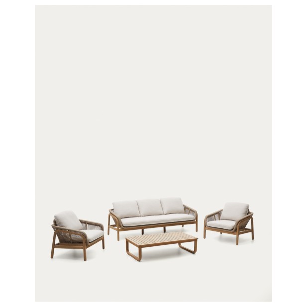 Set Vellana sofá 3 plazas, 2 sillones y mesa centro madera maciza acacia FSC 100% cuerda b - Kave Home