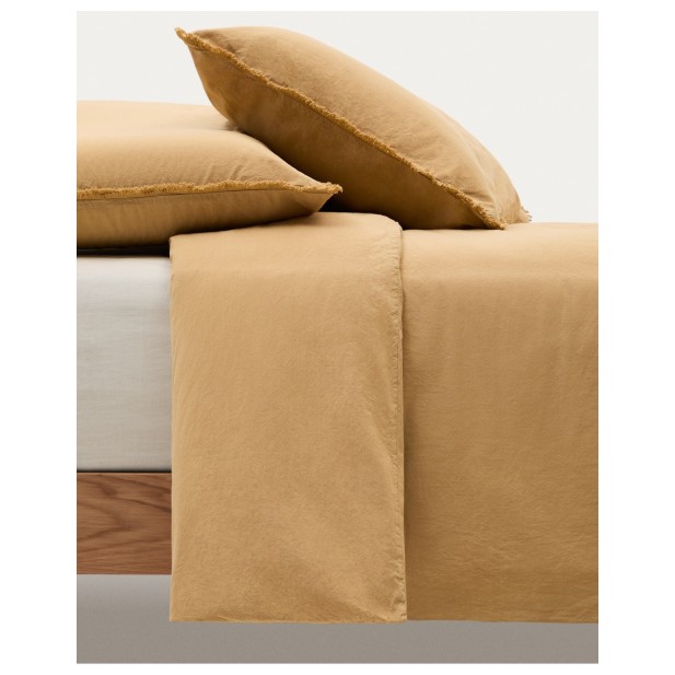 Set Sifinia fundas nórdica y de almohada 100% algodón percal flecos mostaza cama 90 cm - Kave Home