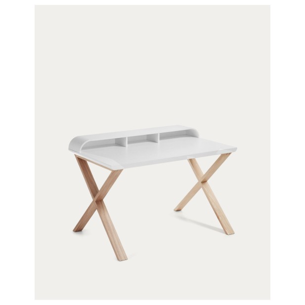 Mesa Working melamina lacado blanco y patas de madera maciza de fresno 120 x 79 cm - Kave Home