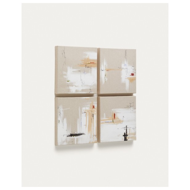 Set Selnir de 4 lienzos de lino blanco y beige 30 x 30 cm - Kave Home