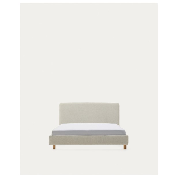 Cama desenfundable Valma de chenilla perla y patas madera maciza de haya colchón de 90x200cm - Kave Home