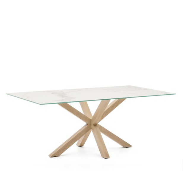 Mesa Argo porcelánico blanco y patas de acero efecto madera 200 x 100 cm - Kave Home